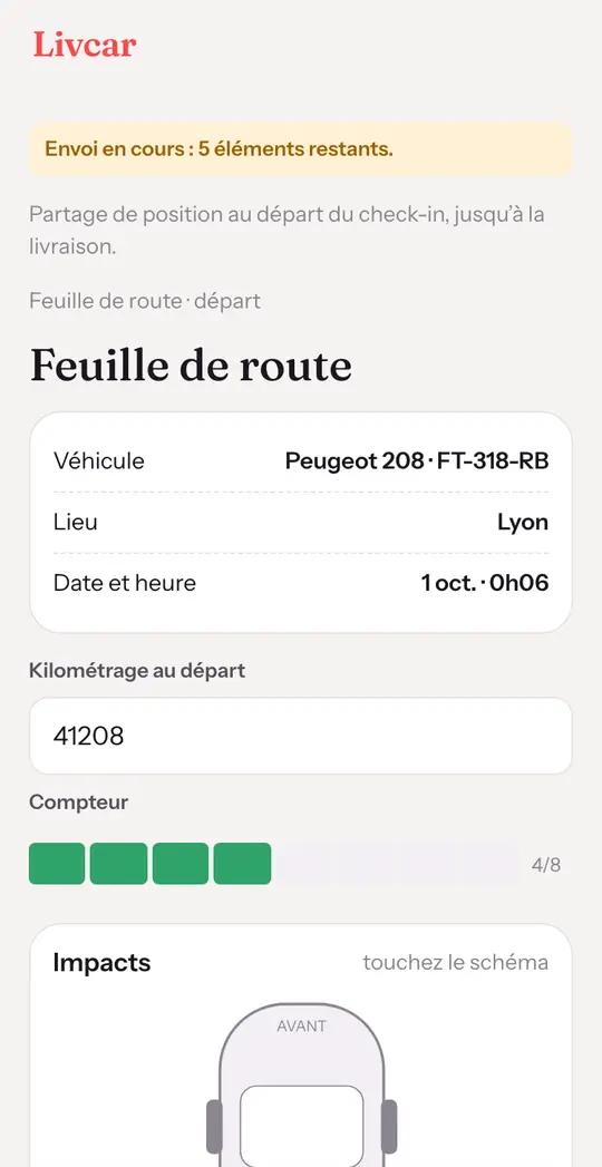 Écran de l’application du convoyeur : feuille de route au départ, avec le véhicule, le kilométrage et la jauge de carburant.