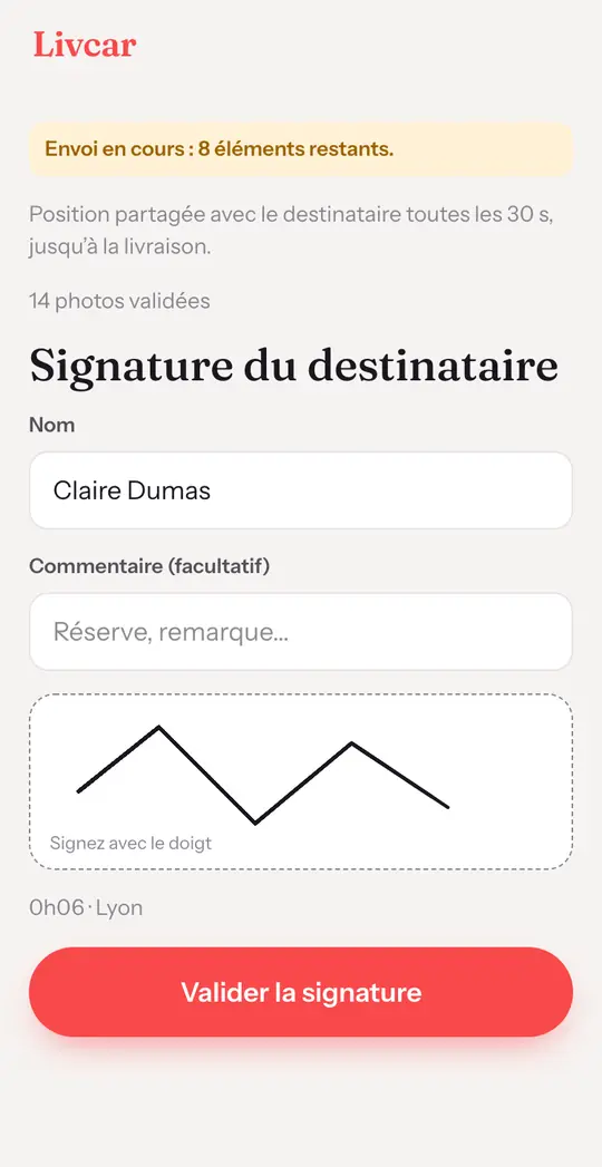 Écran de l’application du convoyeur : signature du destinataire à la livraison, qui clôt le procès-verbal.