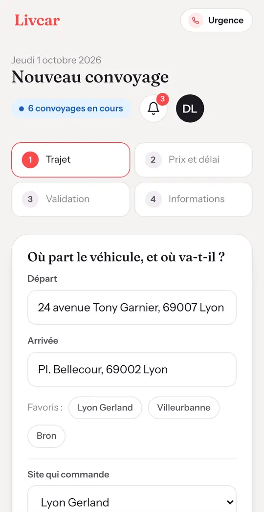 Écran de l’application Livcar côté garage : commande d’un convoyage, étape Trajet sur quatre, avec l’adresse de départ et d’arrivée.